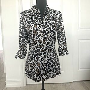 White House Black Market Ling Sleeved Button Down Leopard Print Blouse Size 10